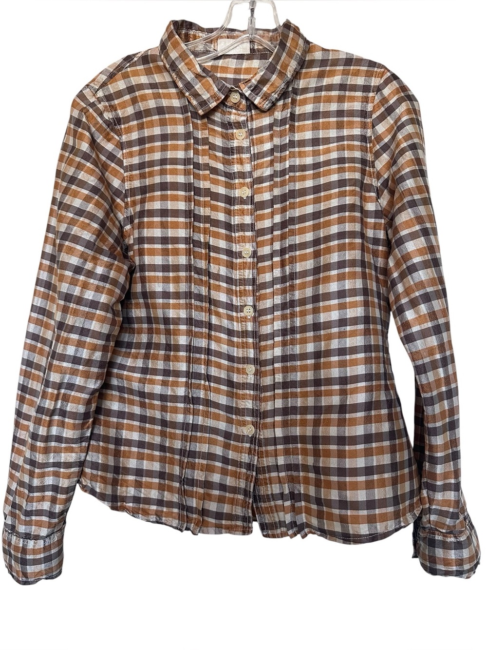 CP Shades Julie Shirt Brown Plaid Silk Blend Button Down Blouse M